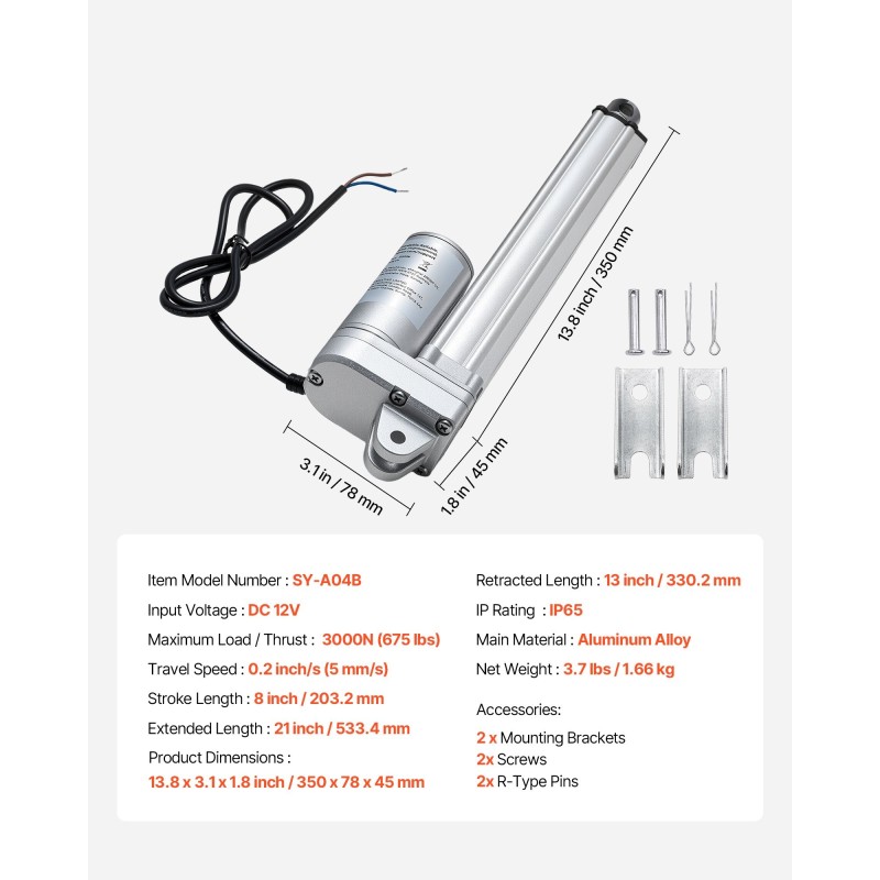 Lineaaritoimilaite 12V alumiiniseos 203 mm isku IP65 3000N aurinkopaneelien seurantaan