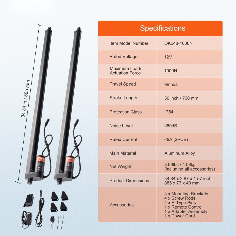 Lineaaritoimilaitepaketti alumiiniseos 2 kpl 12V 760 mm 1000N IP54