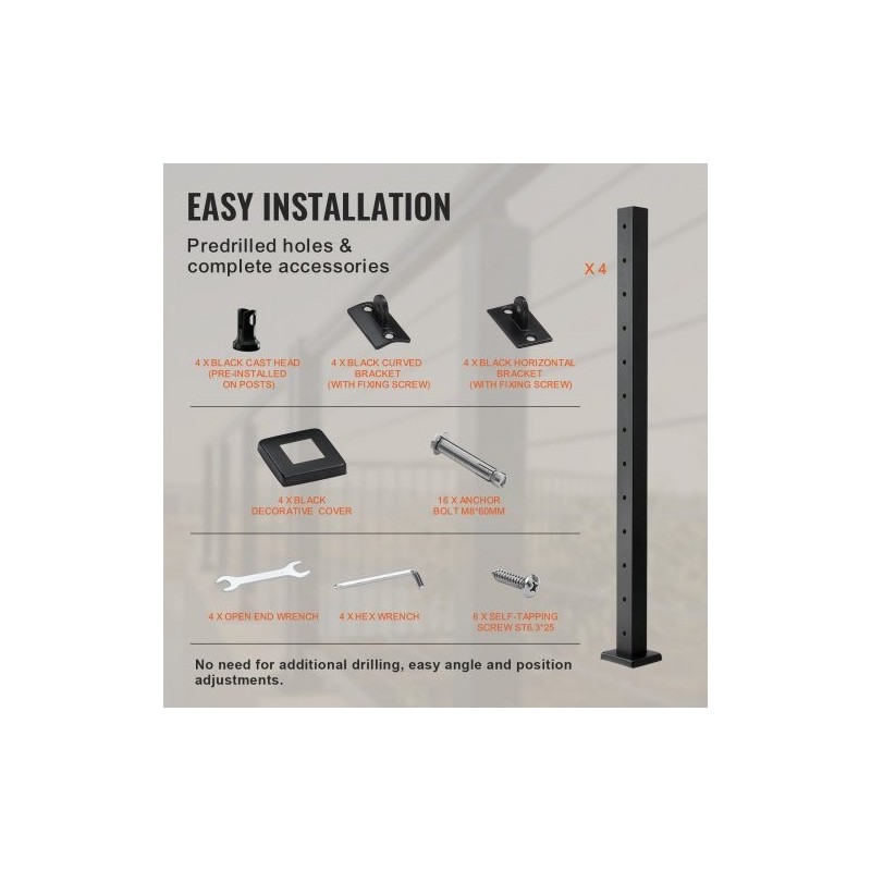 Kaidepylväät ruostumatonta terästä neljäkymmentäkaksi tuumaa neljä kappaletta musta parvekkeelle