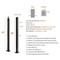 Kaidepylväät ruostumatonta terästä neljäkymmentäkaksi tuumaa neljä kappaletta musta parvekkeelle