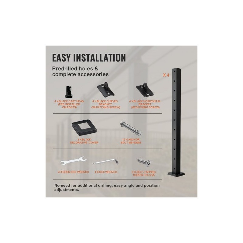 Vaijerikaidepylväät 4 kpl ruostumaton teräs SUS304 36 tuumaa 2x2 musta