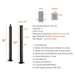 Vaijerikaidepylväät 4 kpl ruostumaton teräs SUS304 36 tuumaa 2x2 musta