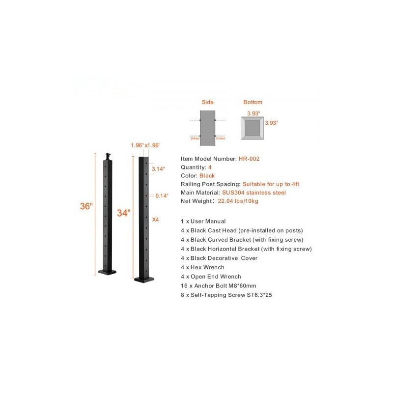 Vaijerikaidepylväät 4 kpl ruostumaton teräs SUS304 36 tuumaa 2x2 musta