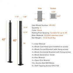 Kaapelikaidepilari ruostumaton teräs 42 tuumaa 4 kpl musta 13 vaakasuoraa porattua reikää