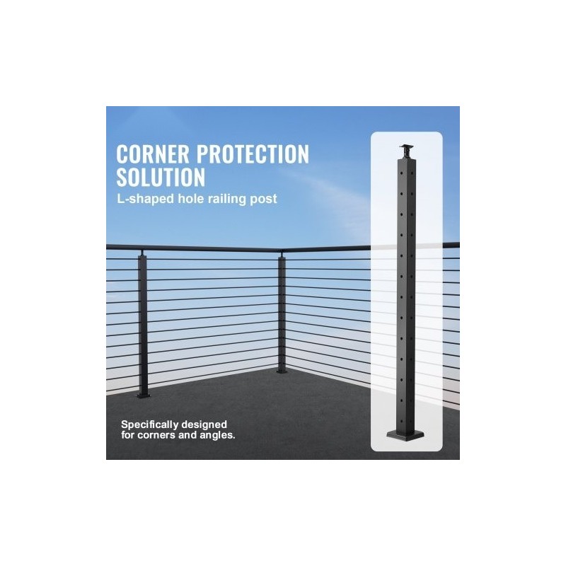 Kaapeli-kaidepylväs kulmamalli ruostumaton teräs SUS304 musta 42-tuuma 2x2 12 esiporattua reikää