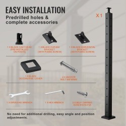 Kaapeli-kaidepylväs kulmamalli ruostumaton teräs SUS304 musta 42-tuuma 2x2 12 esiporattua reikää