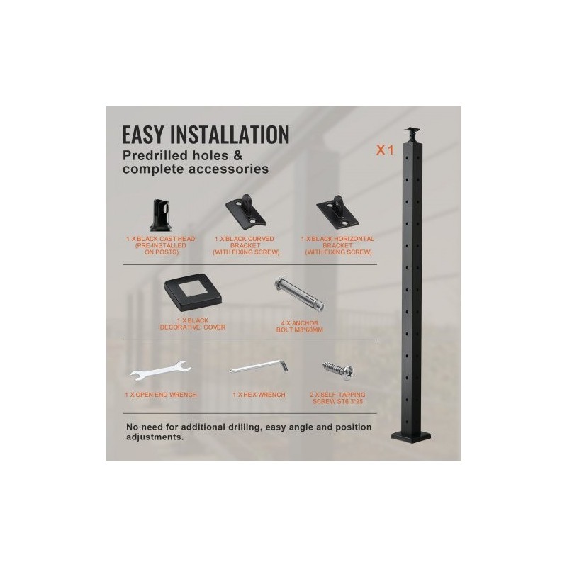 Kaapeli-kaidepylväs kulmamalli ruostumaton teräs SUS304 musta 42-tuuma 2x2 12 esiporattua reikää