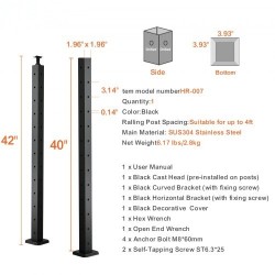 Kaapeli-kaidepylväs kulmamalli ruostumaton teräs SUS304 musta 42-tuuma 2x2 12 esiporattua reikää