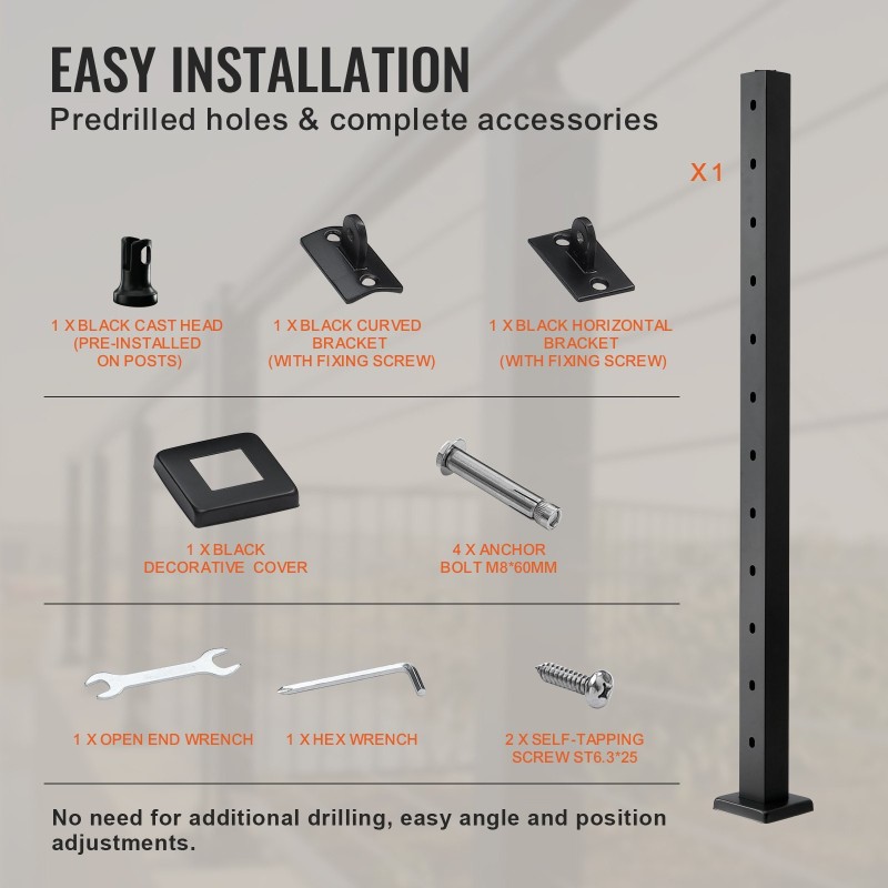 Kaapelikäsijohteen pylväs 42 tuumaa ruostumatonta terästä 30 asteen kulmarei'illä 12 reikää