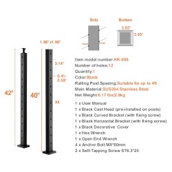 Kaapelikäsijohteen pylväs 42 tuumaa ruostumatonta terästä 30 asteen kulmarei'illä 12 reikää