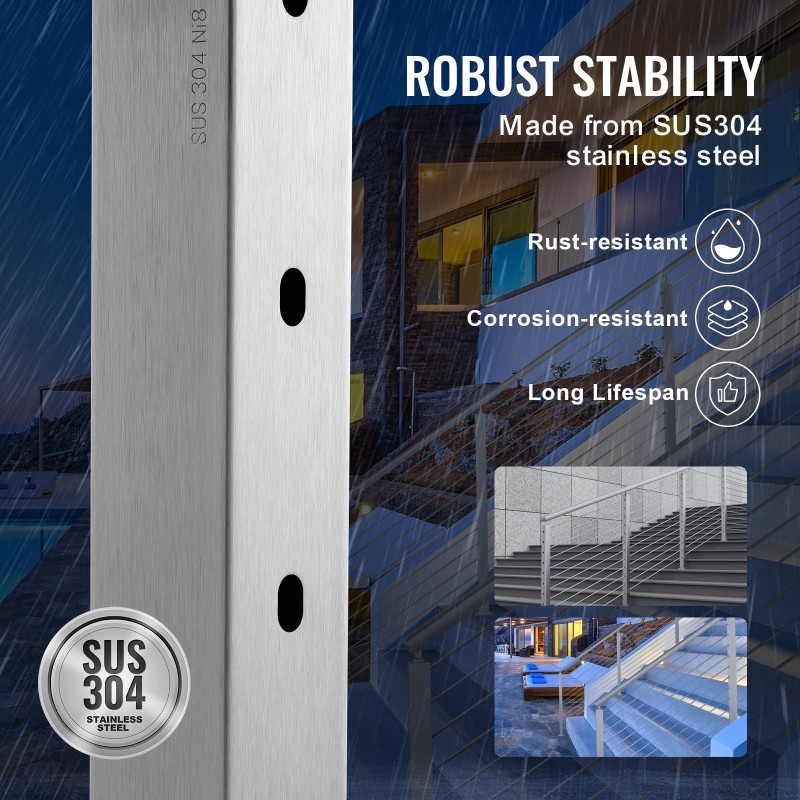 Kaapelikaidetolppa 42 tuumaa profiili 2x2 ruostumaton teräs 30 asteen reiät 12 reikää