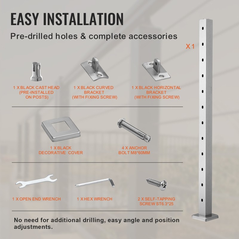 Kaapelikaidetolppa 42 tuumaa profiili 2x2 ruostumaton teräs 30 asteen reiät 12 reikää