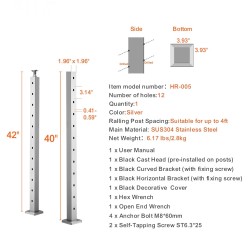 Kaapelikaidetolppa 42 tuumaa profiili 2x2 ruostumaton teräs 30 asteen reiät 12 reikää