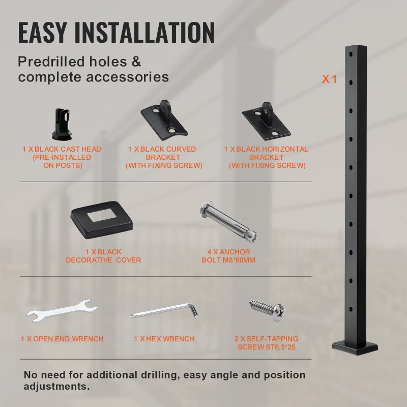 Kaideportaali 36-tuumainen SUS304-ruostumaton teräs 30° kulmareiät 10 valmiiksi porattua reikää musta