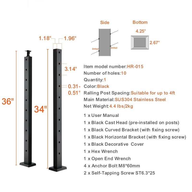 Kaideportaali 36-tuumainen SUS304-ruostumaton teräs 30° kulmareiät 10 valmiiksi porattua reikää musta