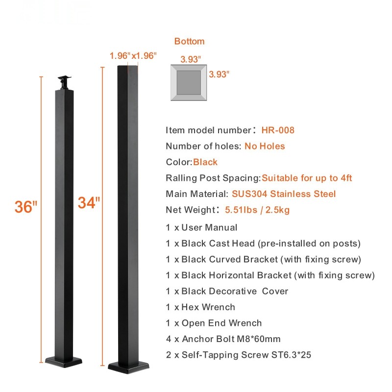 Kaapeli-kaidetolppa 91,4 cm ruostumaton teräs reiätön 1 kpl musta