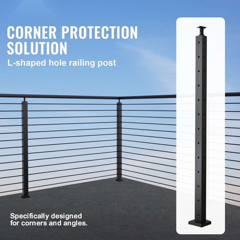 Kaidepylväs L-muotoinen 42-tuumainen SUS304-ruostumaton teräs musta 12 reikää kulmiin