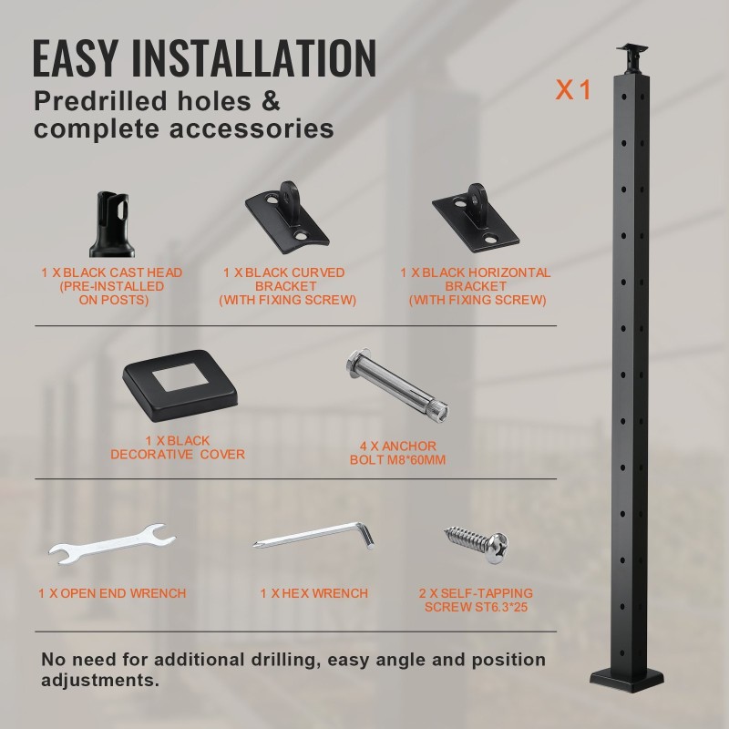 Kaidepylväs L-muotoinen 42-tuumainen SUS304-ruostumaton teräs musta 12 reikää kulmiin