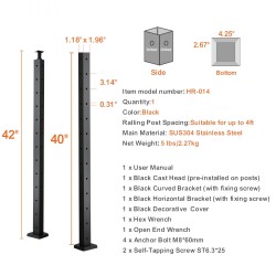Kaidepylväs L-muotoinen 42-tuumainen SUS304-ruostumaton teräs musta 12 reikää kulmiin