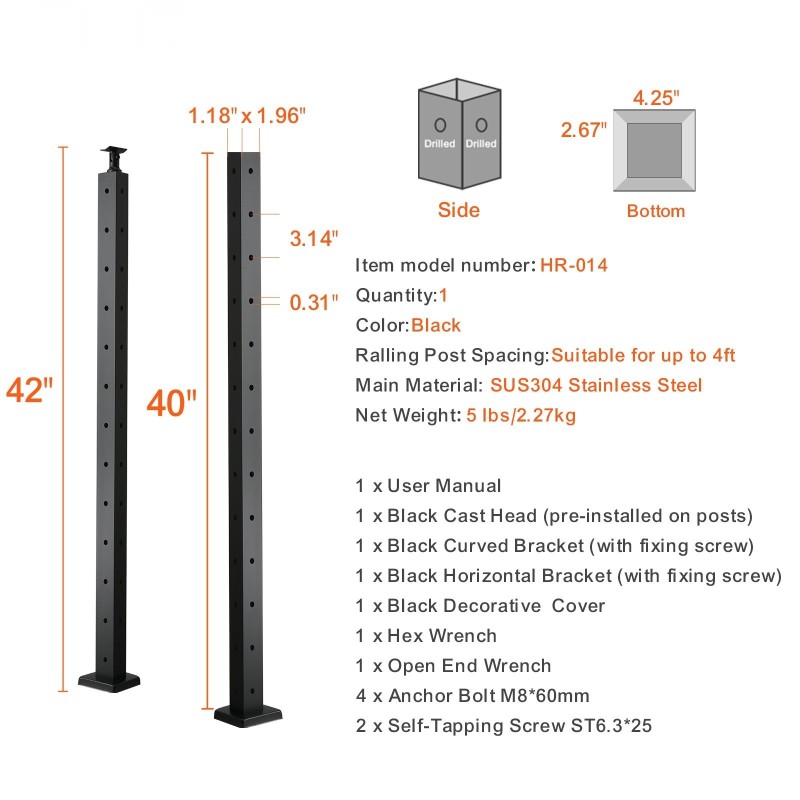 Kaidepylväs L-muotoinen 42-tuumainen SUS304-ruostumaton teräs musta 12 reikää kulmiin