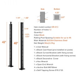Kaapelikaihdetolppa ruostumaton teräs SUS304 42 tuumaa 30 asteen 12 reikää musta portaisiin