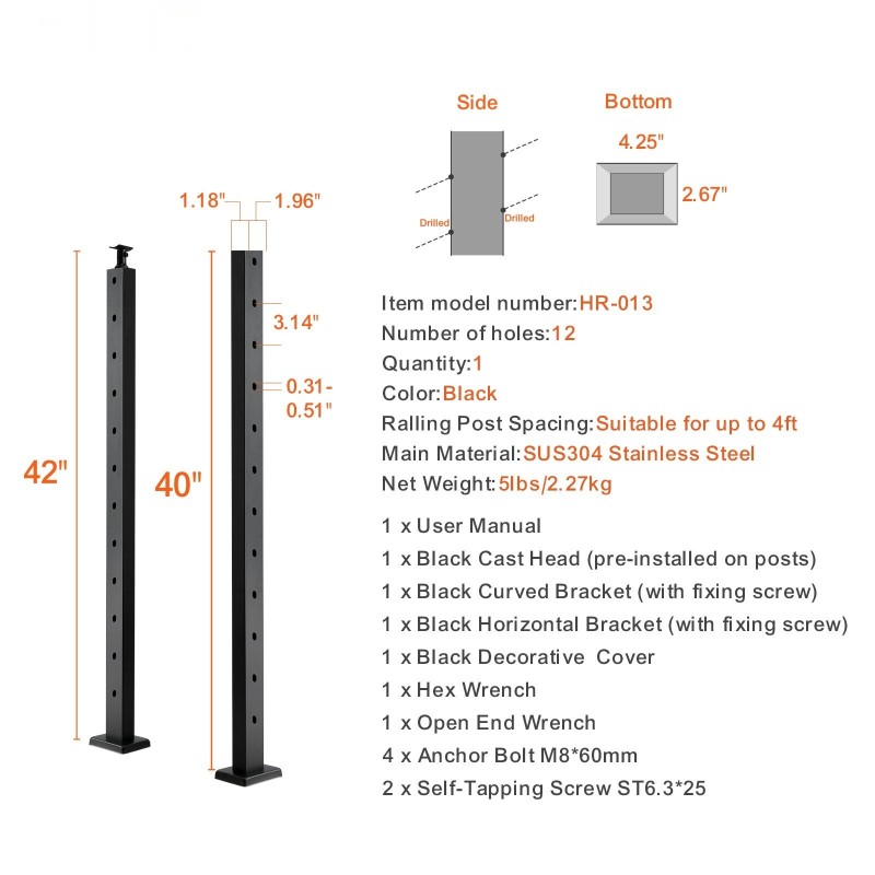 Kaapelikaihdetolppa ruostumaton teräs SUS304 42 tuumaa 30 asteen 12 reikää musta portaisiin