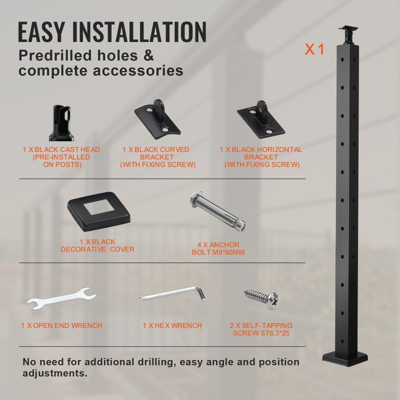 L-muotoinen kaidetolppa 36-tuumainen ruostumaton teräs kymmenen esiporattua reikää kulmiin