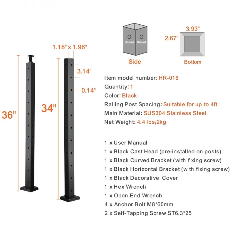 L-muotoinen kaidetolppa 36-tuumainen ruostumaton teräs kymmenen esiporattua reikää kulmiin