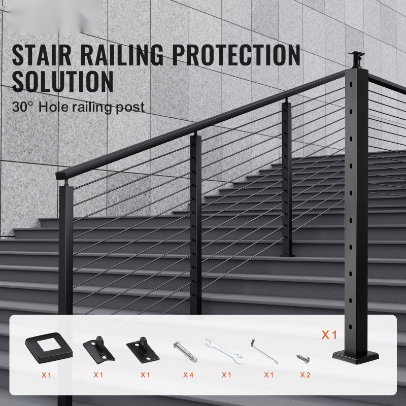 Vaijerikaidepylväs SUS304 ruostumatonta terästä 91,4 cm 30 asteen reiät musta