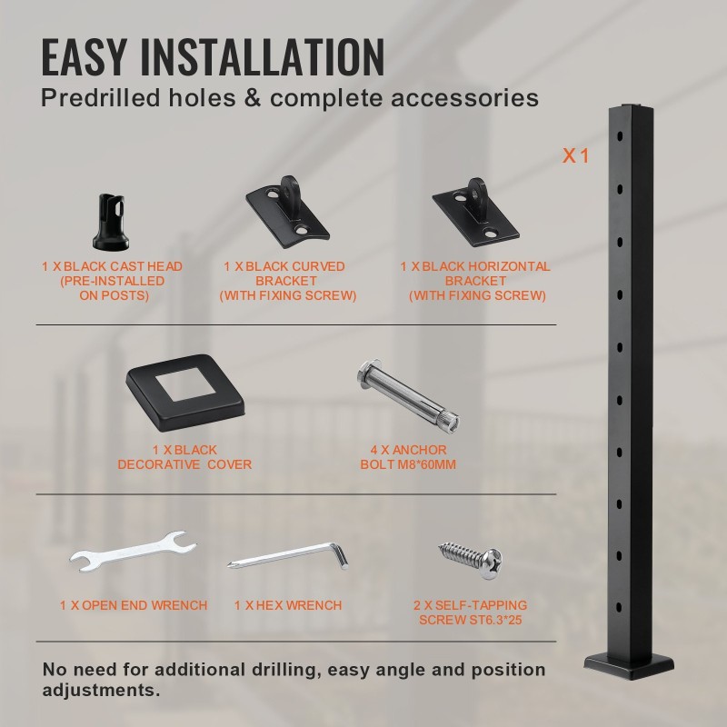 Vaijerikaidepylväs SUS304 ruostumatonta terästä 91,4 cm 30 asteen reiät musta