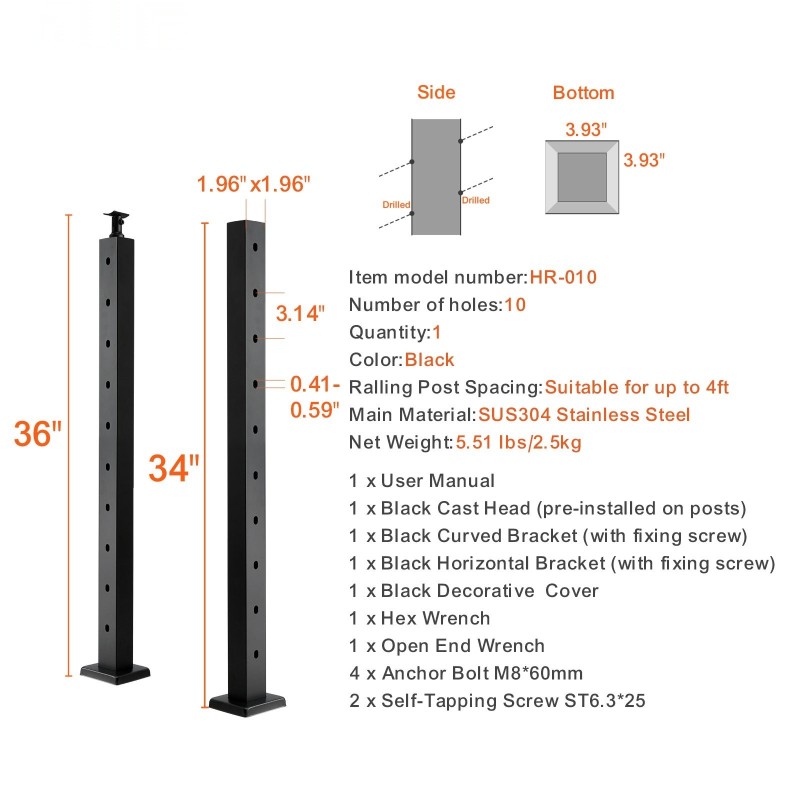Vaijerikaidepylväs SUS304 ruostumatonta terästä 91,4 cm 30 asteen reiät musta
