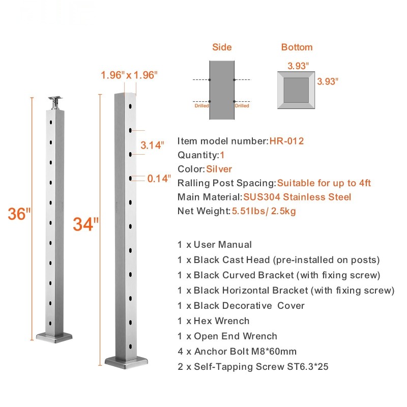 Vaijerikaidepylväs ruostumaton teräs 91,4 senttimetriä vaakareikäinen hopeanvärinen yksi kappale terassikaiteille