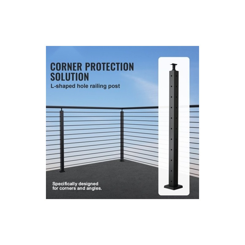 Kaapelikäsijohteen kulmatolppa ruostumaton teräs 36 tuumaa 2x2 10 reikää musta