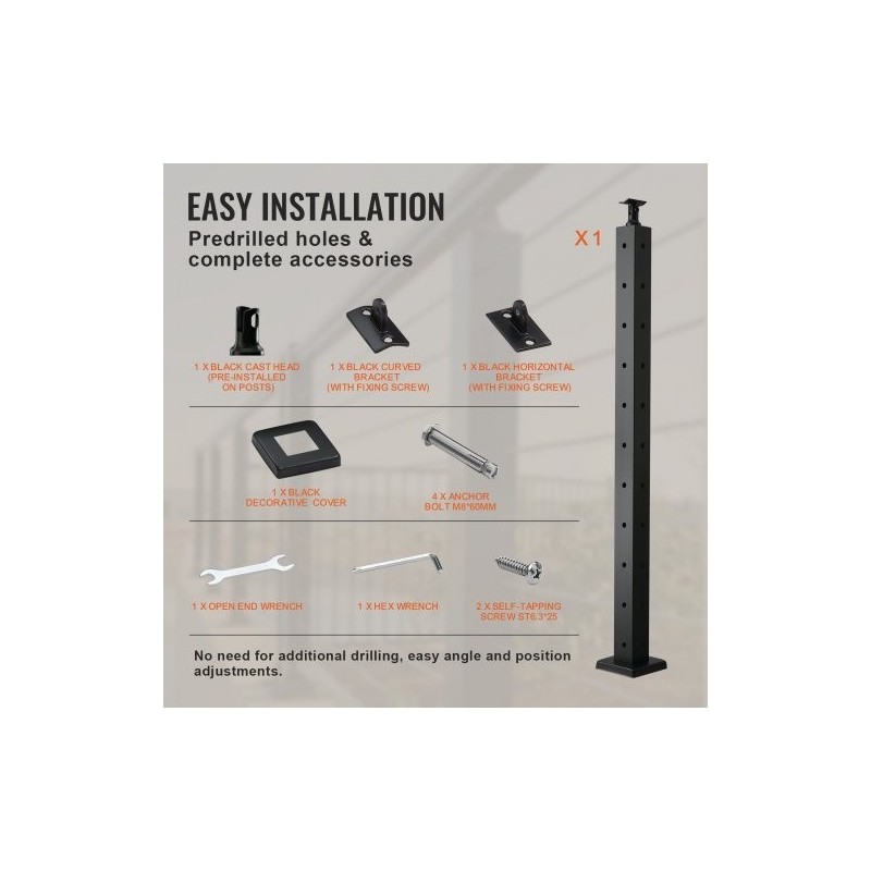 Kaapelikäsijohteen kulmatolppa ruostumaton teräs 36 tuumaa 2x2 10 reikää musta