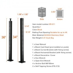 Kaapelikäsijohteen kulmatolppa ruostumaton teräs 36 tuumaa 2x2 10 reikää musta