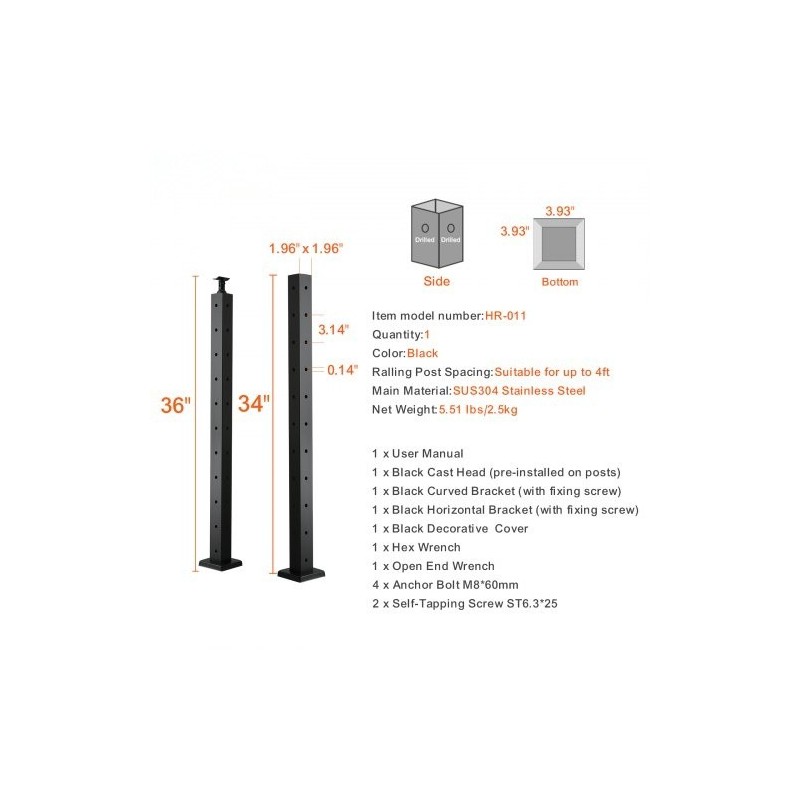 Kaapelikäsijohteen kulmatolppa ruostumaton teräs 36 tuumaa 2x2 10 reikää musta