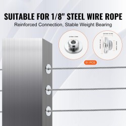 Kaapelikaidepakkaus ruostumatonta terästä 3,2 mm 51 kappaletta mustilla kiristimillä vaakatolppien reikiin