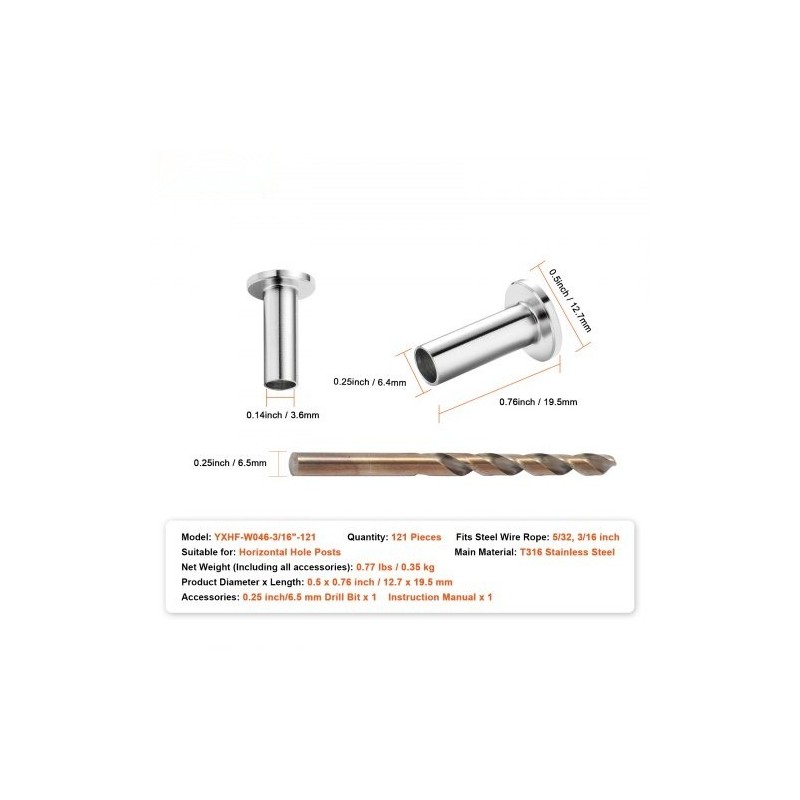 Suojaholkit T316-ruostumatonta terästä 121 kpl 4 mm ja 4,8 mm vaijerille vaakakaiteisiin