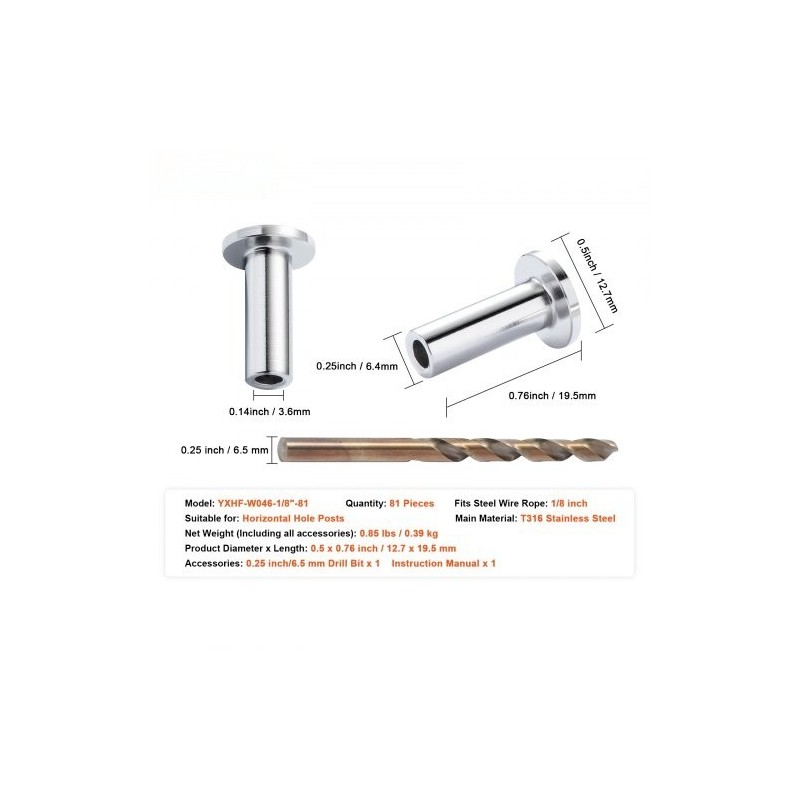 Suojaholkit T316 ruostumatonta terästä 3,2 mm vaijerille 81 kappaletta vaakareikiin poranterä mukana