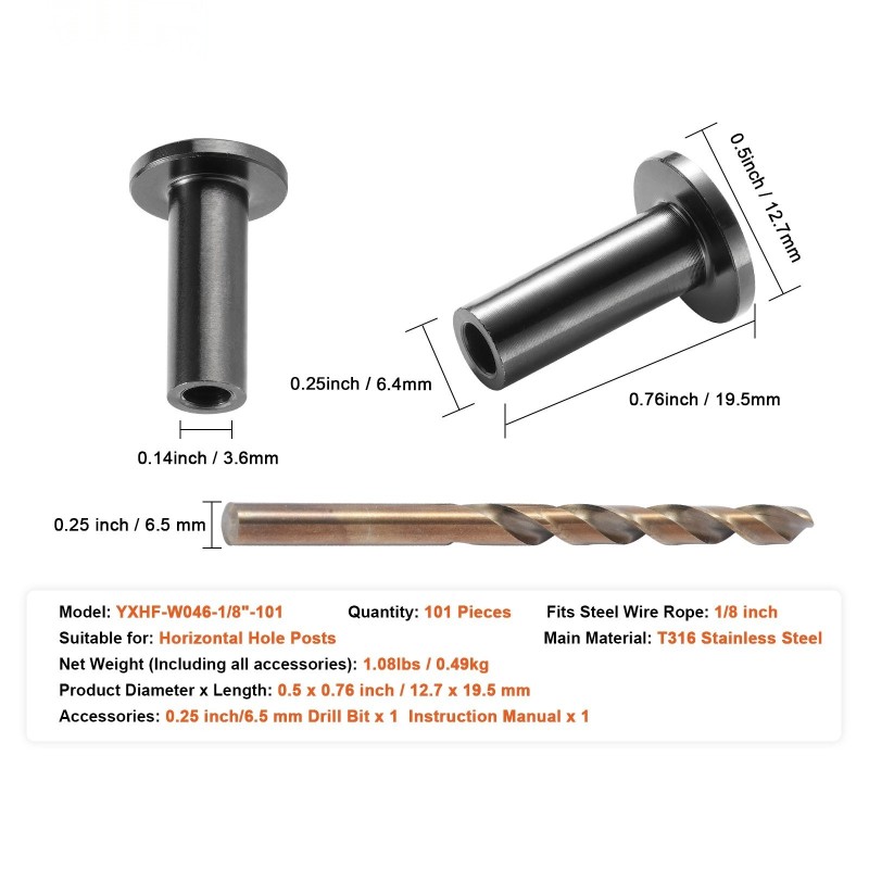Suojaholkkisarja T316-ruostumatonta terästä 3,2 mm vaijerille 101 kappaletta vaakaläpivienteihin
