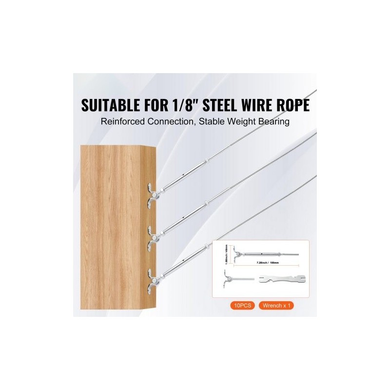 Kaidekaapelisetti puutolpille T316-ruostumatonta terästä 3,2 mm vaijerille 10 kpl säädettävä 0–180°