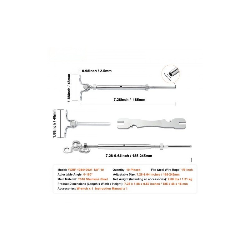Kaidekaapelisetti puutolpille T316-ruostumatonta terästä 3,2 mm vaijerille 10 kpl säädettävä 0–180°