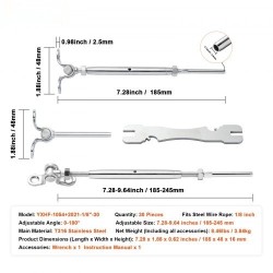 Kaidepakkaus 30 kappaletta T316-ruostumattomasta teräksestä 3,2 mm kaapelille 0–180 asteen säädettävä