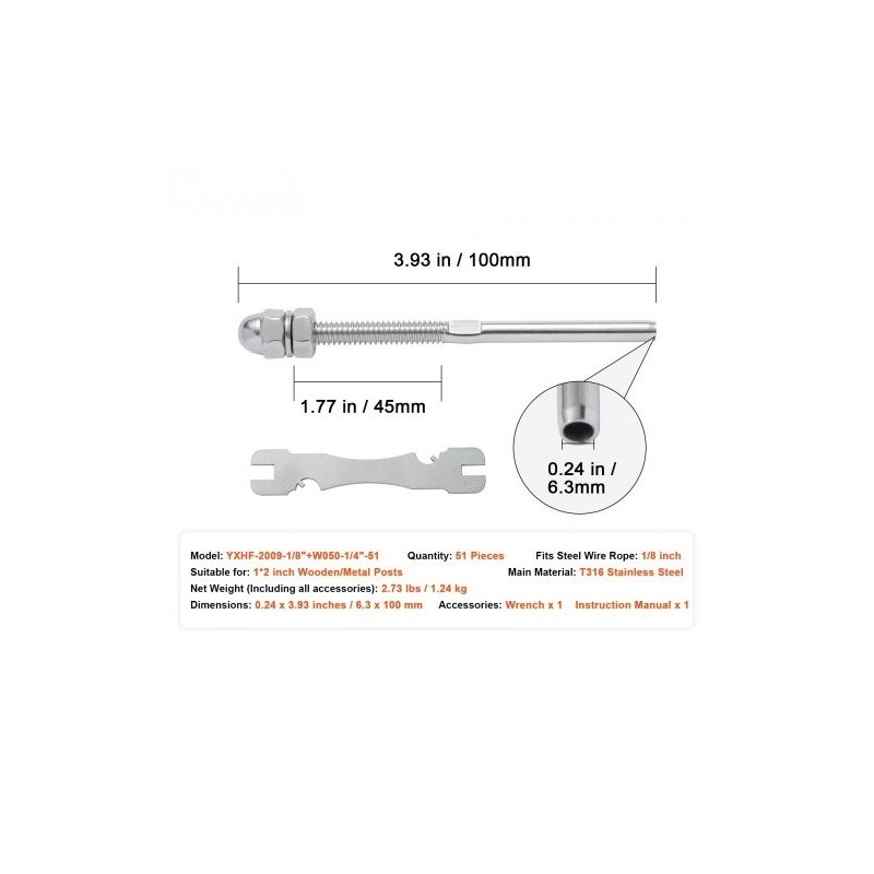 Kaiteen kiristyspäätteet 51 kpl T316 ruostumatonta terästä 3,2 mm puu ja metallipylväisiin