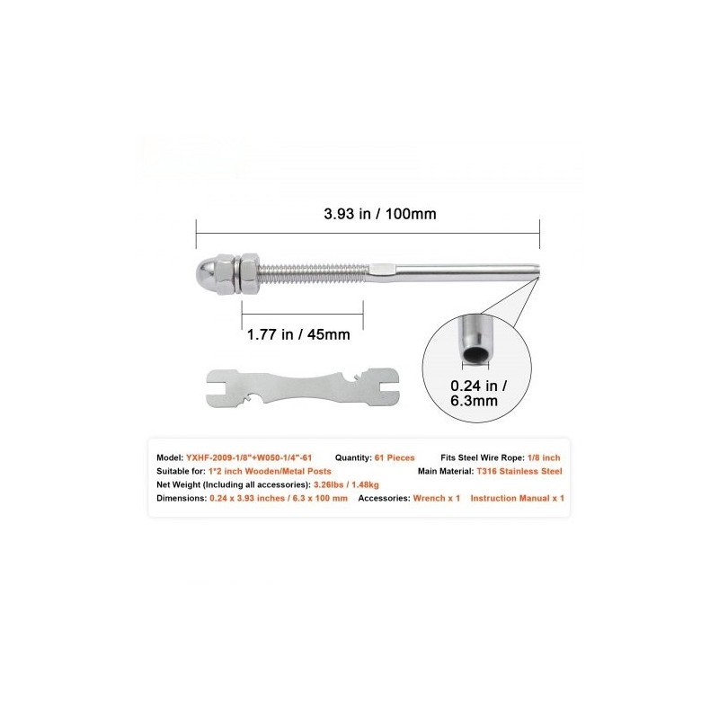 Kaapelikiristin T316-ruostumatonta terästä 3,2 mm kaapeleille puu- ja metallipylväisiin