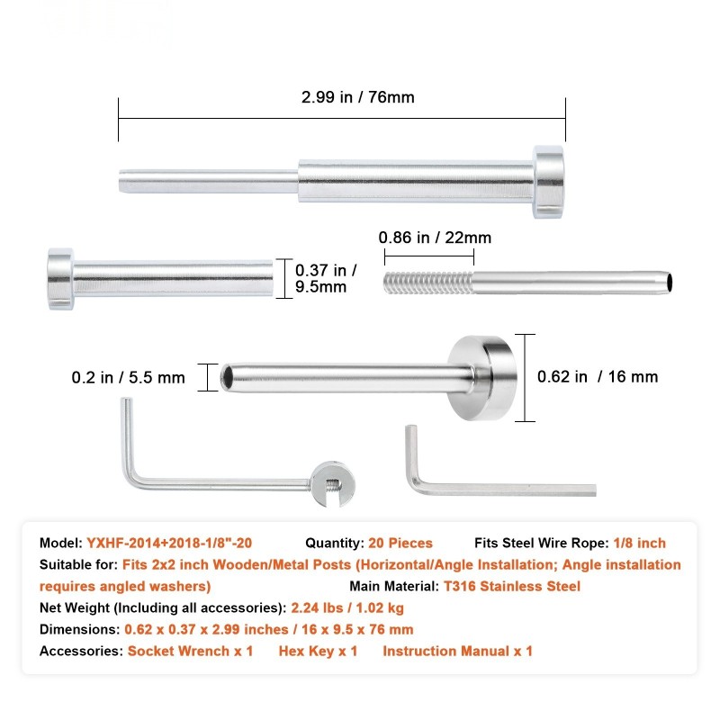 Kaidevaijerisarja näkymättömällä vastaanottimella T316-ruostumatonta terästä 3,2 mm 20 kpl puu- ja metallitolpille