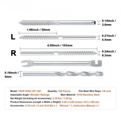Kaapelikaide tarvikepakkaus T316 ruostumatonta terästä 3,2 mm 102 kpl puupylväisiin