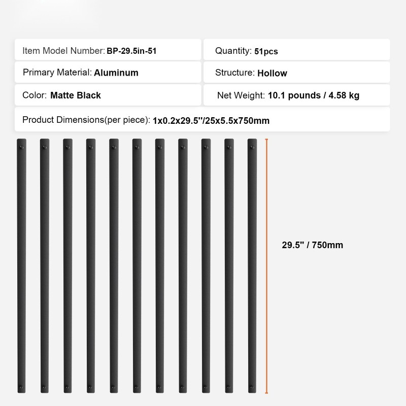 Alumiinikaidetangot ontto 750 millimetriä mattamusta 51 kpl ruuveilla