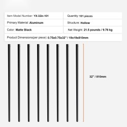 Alumiiniset kaidepinnat ontot 19x19x810 mm 101 kappaletta mattamusta ruuvit mukana