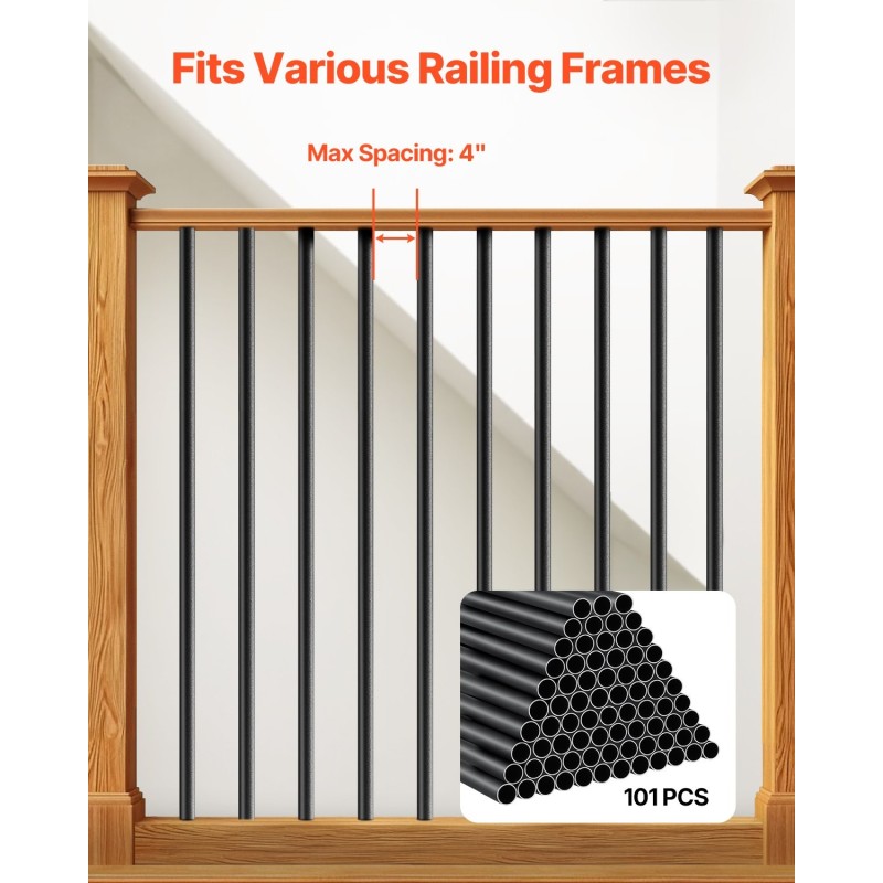 Alumiiniset pyöreät kaidetangot 19 mm 914 mm 101 kpl portaisiin mattamusta